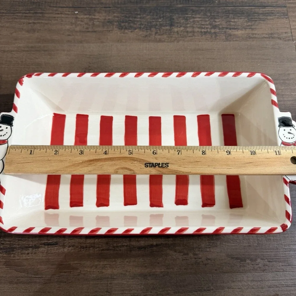Nantucket Home Christmas Snowman Ceramic Loaf Baking Dish Pan Stripes Polka Dot